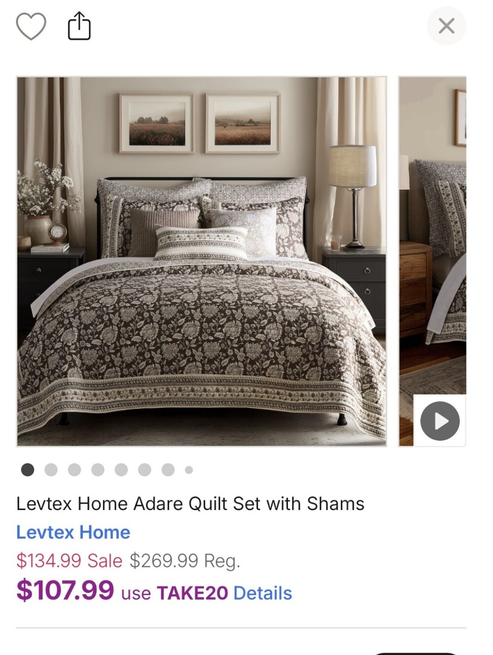 NWOT Levtex REVERSIBLE Brown and White Floral Quilt & 2 Shams - Picture 4 of 15